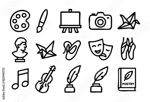 Set of minimalist art education icons in bold-line style: palette, brush, easel, camera, bust, origami, theater masks, ballet shoes, note, violin, feather, poetry book.