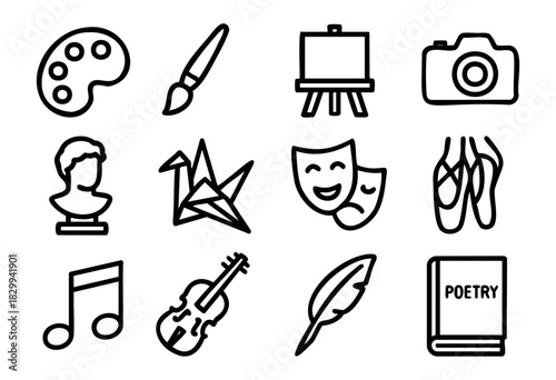 Set of minimalist art education icons in bold-line style: palette, brush, easel, camera, bust, origami, theater masks, ballet shoes, note, violin, feather, poetry book.