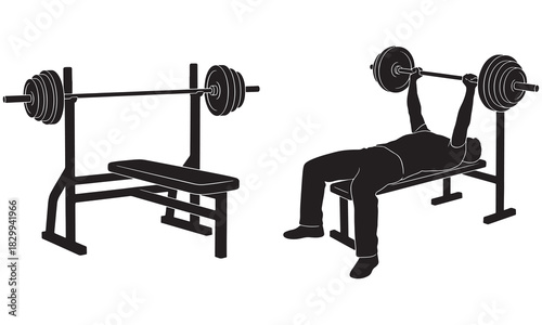 Bench Press Exercise and Equipment Silhouette for Gym and Fitness