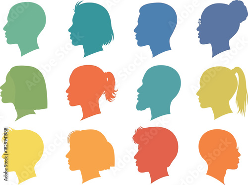Colorful silhouette faces of diverse people representing community and individuality on white