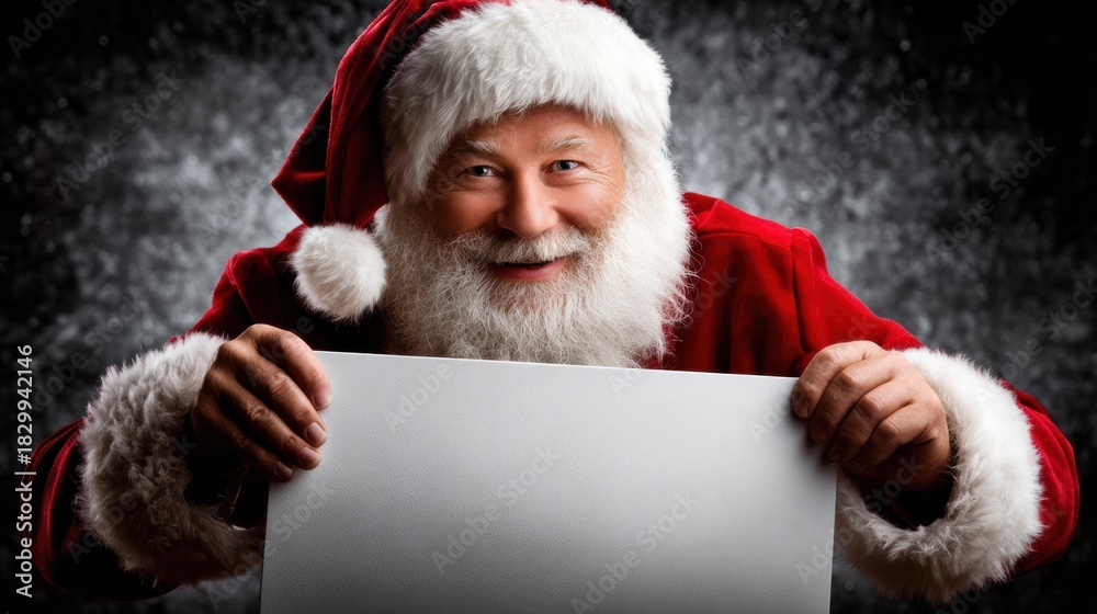 Naklejka premium santa holding blank sign smiling warmly studio backdrop for holiday promotion, close-up portrait with full white beard and red fur-trimmed suit, direct eye