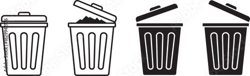 Trash can icons set. outline and solid style garbage bin symbols for delete, recycle, and waste management concepts on white background. Vector