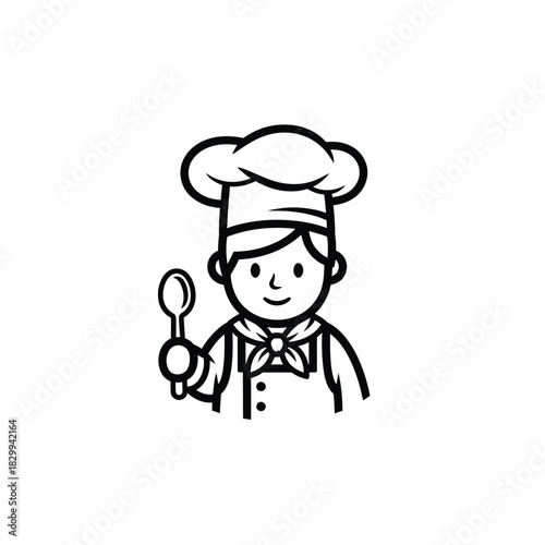 Chef Cartoon Character with Spoon Outline cook kitchen restaurant food culinary professional uniform hat cooking illustration drawing