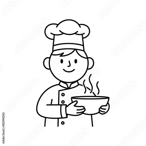 Chef Holding Bowl of Hot Food Line Art cook steam restaurant kitchen uniform hat cooking meal cuisine professional service catering