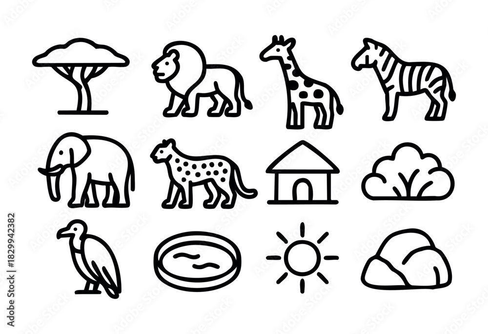 Fototapeta premium Set of minimalist savannah icons in bold-line style: acacia tree, lion, giraffe, zebra, elephant, cheetah, village hut, bush, vulture, pond, sun, rock.