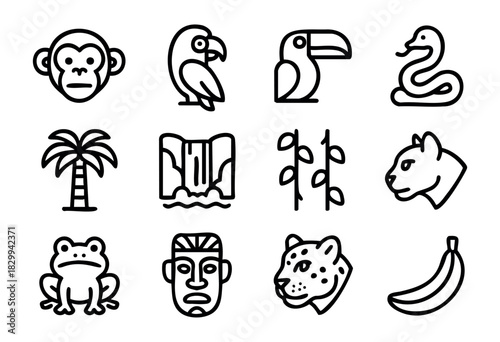 Set of minimalist jungle icons in bold-line style: monkey, parrot, toucan, snake, palm tree, waterfall, vines, panther, frog, tribal mask, jaguar, banana
