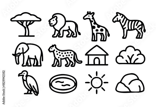 Set of minimalist savannah icons in bold-line style: acacia tree, lion, giraffe, zebra, elephant, cheetah, village hut, bush, vulture, pond, sun, rock.
