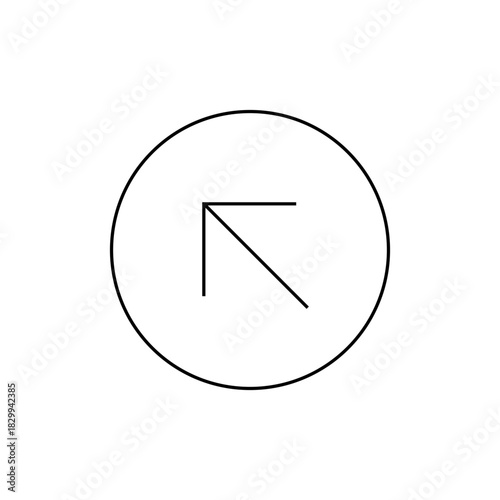 A simple black and white graphic featuring an arrow pointing upwards and left, enclosed within a circle line