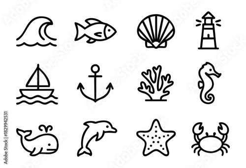 Set of minimalist ocean icons in bold-line style: wave, fish, shell, lighthouse, boat, anchor, coral, seahorse, whale, dolphin, starfish, crab.
