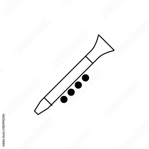Illustration of a clarinet with a bell shape and black circular keys in a simple line drawing style