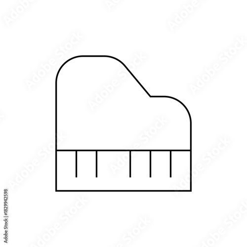 A simple line drawing of a grand piano viewed from the side with visible keys and curved body shape