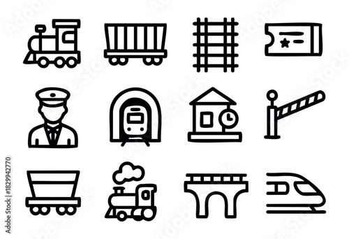 Set of minimalist train icons in bold-line style: locomotive, wagon, railway track, ticket, conductor, tunnel, station, barrier, mine cart, bridge, high-speed train.