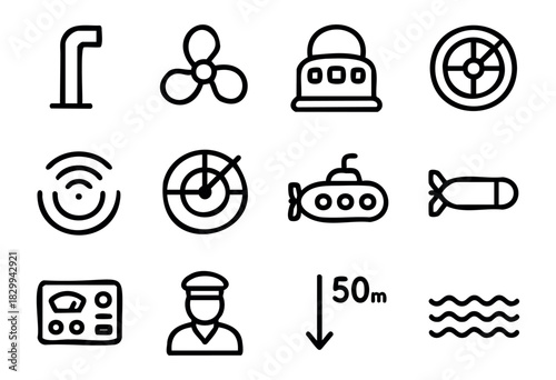 Set of minimalist submarine icons in bold-line style: periscope, propeller, sonar, radar, submarine, blimp, control panel, captain, depth mark, waves.