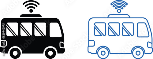 Smart Public Transportation Vehicle Icon: Black Solid and Blue Outline Design Illustrating Modern School Bus or Shuttle with On-board Wireless Internet Connectivity Signal for Passengers,