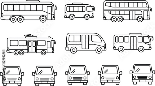 Public Transportation Line Art Vector Set, Diverse Collection of Blue Outline Buses, Coaches, Trolleybuses, and Passenger Vans for Travel, City Commuting, and School Transport Infographics Design.