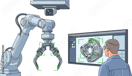 AI engineer testing industrial robot in lab Vector