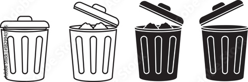 Trash can and garbage bin vector icon set: outline and solid styles, illustrating closed, open, and full states for waste management concept. Vector