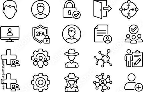 User Security and Account Management Line Icon Set, Featuring Login, Profile, Two-Factor Authentication (2FA), Privacy, Business Administration, Team Organization, and Network Access Vector Elements