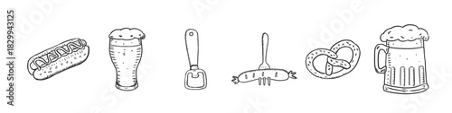Beer pub menu and equipment line icons set. Outline hand drawn glass bottle and can, pint and froth. Oktoberfest, drunk bar party mascots, brewery and beer icons collection vector illustration.