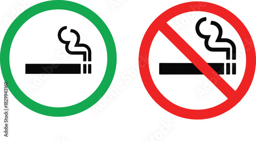 No smoking and smoking area sign set. No smoking area and smoking area sign printable red, green, black colour. No vaping combined sign. No smoking symbol.