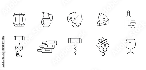 set of wine icons, wine bottle, grape, cork, alcohol, cheese. Hand drawn wine icon collection. Linear vector doodle set with bottle, glass, grapes, barrel, cheese, and corkscrew. vector illustration.