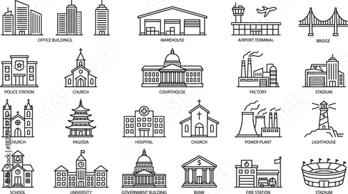 Vector Line Icons Set of City Buildings and Public Structures, Including Office Skyscrapers, Schools, Churches, and Industrial Factories, for Urban Architecture and Municipal Design.