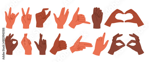 Set of hand with different gestures. Hand poses showing: peace, rock and roll, OK, thumbs up, love heart, pointing. Communication concept. Sign language. Isolated vector illustration in cartoon style 