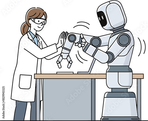 AI engineer testing industrial robot in lab Vector