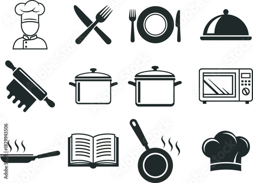 Cooking and kitchen utensils icons set. culinary tools, chef accessories, and meal preparation graphic elements for restaurant menu designs. Vector