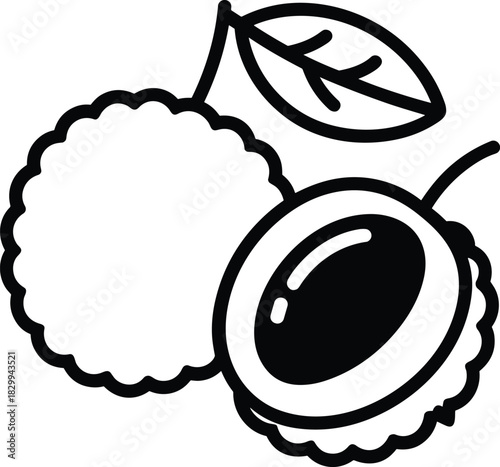 Lychee fruit bold icon with leaf, coloring book element for children, sweet tropical food, isolated