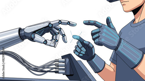 AI engineer testing industrial robot in lab Vector