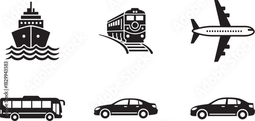 Vector transportation mode icons set: ship, train, airplane, bus, and car symbols for travel, logistics, and delivery concepts. Vector