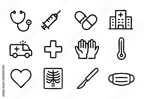 Set of minimalist medical icons in bold-line style: stethoscope, syringe, pills, hospital, ambulance, cross, gloves, thermometer, heart, X-ray, scalpel, mask.