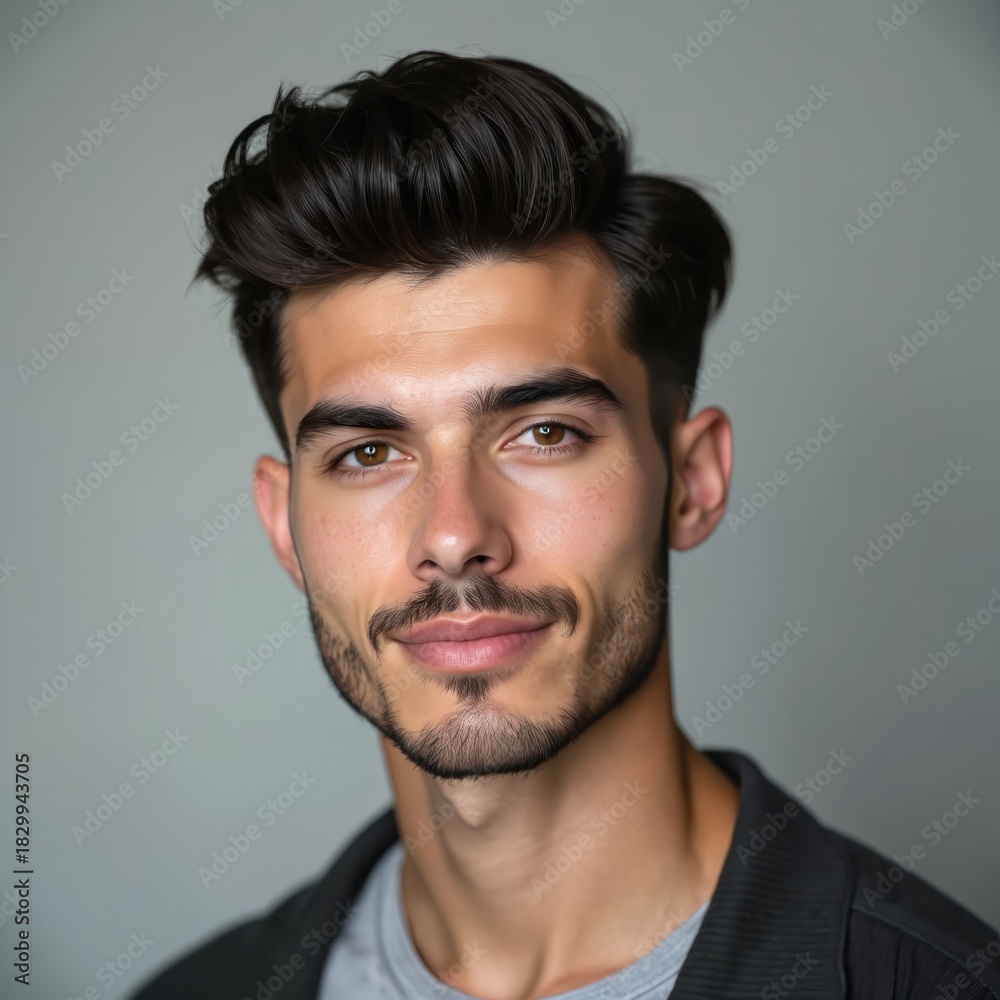 Obraz premium Young attractive handsome man shows modern stylish short haircut. Dark brown hair, well groomed beard. Guy looks directly at camera with slight pleasant smile. Male model projects trendy confident
