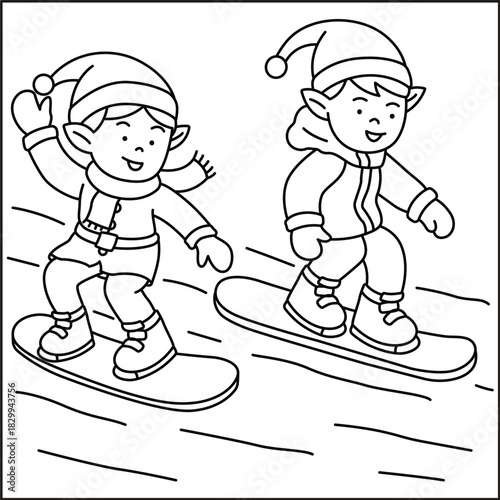 Two cheerful cartoon elves wearing winter hats and scarves snowboarding down a snowy slope coloring page 