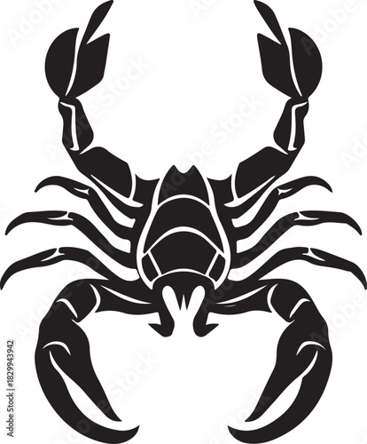 Detailed black and white illustration of a scorpion with logo sample