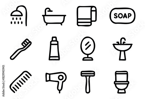 Set of minimalist bathroom icons in bold-line style: shower, bathtub, towel, soap, toothbrush, toothpaste, mirror, sink, comb, hairdryer, razor, toilet.