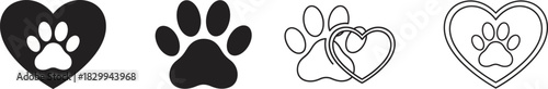 Minimalist pet paw prints and heart icons collection, perfect for animal lovers, veterinary clinics, adoption centers, and pet care businesses Vector