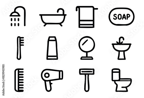 Set of minimalist bathroom icons in bold-line style: shower, bathtub, towel, soap, toothbrush, toothpaste, mirror, sink, comb, hairdryer, razor, toilet.