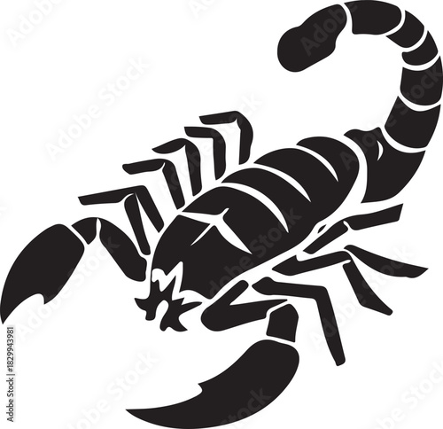 Detailed black and white illustration of a scorpion with logo sample
