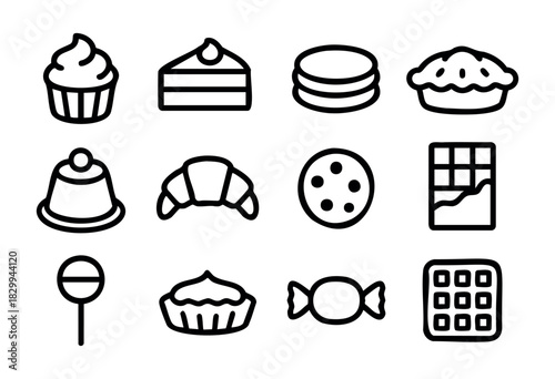 Set of dessert icons in bold-line style: cupcake, cake, pancakes, pie, pudding, croissant, cookie, chocolate bar, lollipop, tart, candy, waffle.