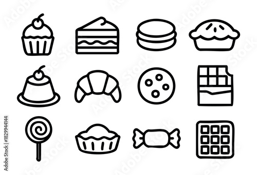 Set of dessert icons in bold-line style: cupcake, cake, pancakes, pie, pudding, croissant, cookie, chocolate bar, lollipop, tart, candy, waffle.