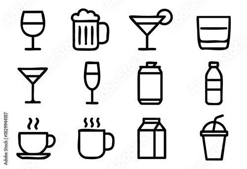 Set of bold drink icons in outline style: wine glass, beer mug, cocktail, whiskey, martini, champagne, can, water bottle, cup, mug, milk carton, smoothie.