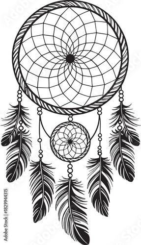 Detailed Dreamcatcher Vector Illustration with Feathers and Intricate Web Design