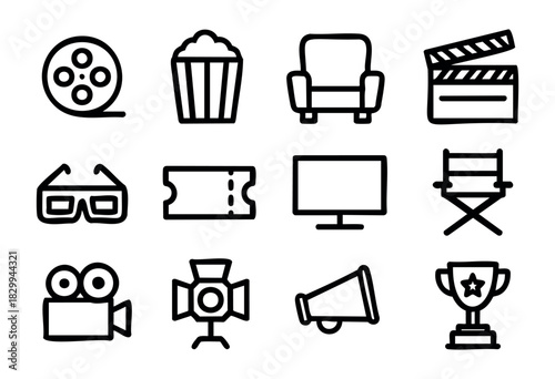 Set of cinema icons in bold-line style: film reel, popcorn, seat, clapperboard, 3D glasses, ticket, screen, director chair, camera, light, megaphone, award.