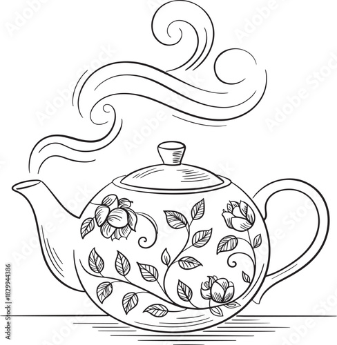 Elegant floral teapot with steam in vector outline style for tea or cafe theme