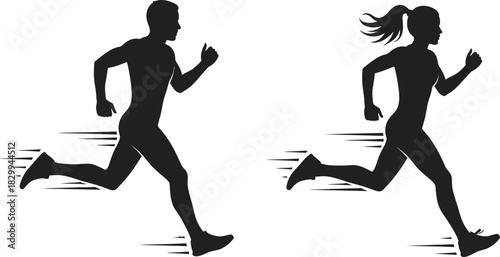 Silhouettes of a man and a woman running with dynamic speed lines, symbolizing fitness, athleticism, sport, energy, and competitive motion Vector