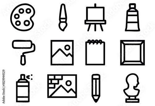 Set of minimal painting icons in bold-line style: palette, brush, easel, paint tube, roller, picture, notebook, frame, spray can, mural, pencil, sculpture bust.