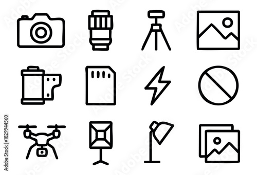 Set of photography icons in bold-line style: camera, lens, tripod, photo, film roll, memory card, flash, filter, drone, light stand, softbox, photo gallery.