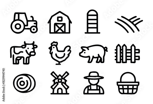 Set of farming icons in bold-line style: tractor, barn, silo, field, cow, chicken, pig, fence, hay bale, windmill, farmer, basket.